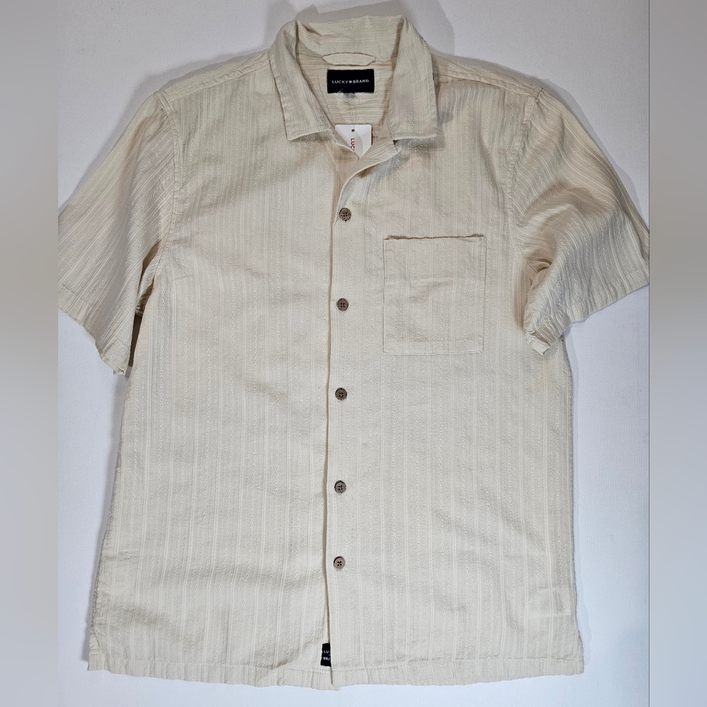 Lucky Brand Mens‎ Button Down Shirt Size Medium Ivory Textured Minimalist Casual